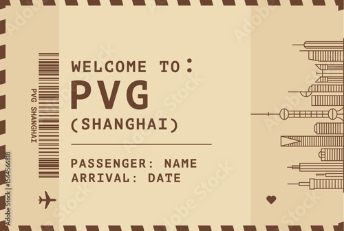 Welcome to Shanghai, China card template. Vector vintage style postcard illustration with airport code, skyline, flight info. Boarding pass, luggage tag style s image layout