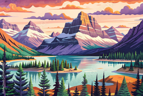 serenity of Glacier National Park with pristine alpine lakes, towering pine forests, and rugged mountain peaks reflecting the untouched beauty of nature’s grandeur cartoon