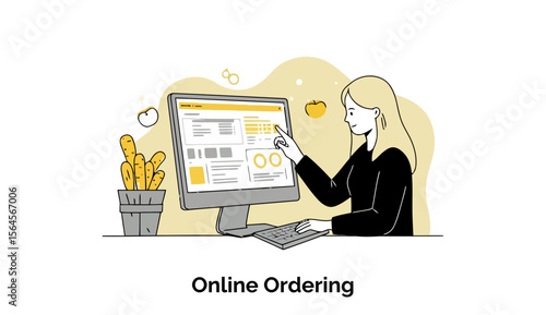 Young woman in a black top interacting with an online ordering system in a home office setting. Woman in a professional role using a computer at a home office.