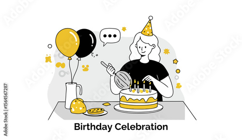 A young woman in casual clothing celebrates a birthday at a table with balloons, a cake, and snacks. She is happily adding candles to the cake, creating a joyful and festive home scene.