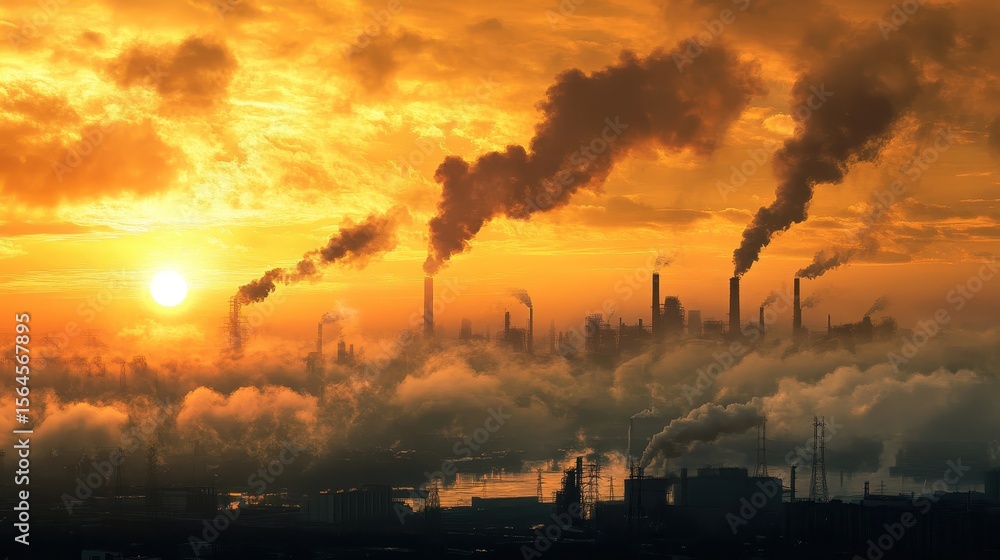 Smokestacks billow smoke into a bright, orange sky at sunrise. Ideal for illustrations on pollution, industry, and global warming. Smokestacks billow smoke into a bright, orange sky at sunrise. Ideal for illustrations on pollution, industry, and global warming.