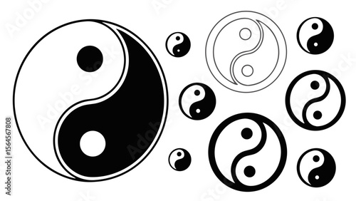 Silhouette Collection of Yin Yang Symbols in Multiple Ratios, Isolated on Clean White Background
