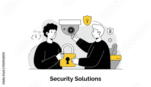 Two young adults in black clothing collaborating on security solutions. They are exchanging a lock and a security camera in a modern office setting.