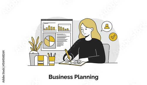 A determined young woman in professional business attire is standing in a modern office, placing sticky notes on a glass wall as she engages in a strategic planning session.