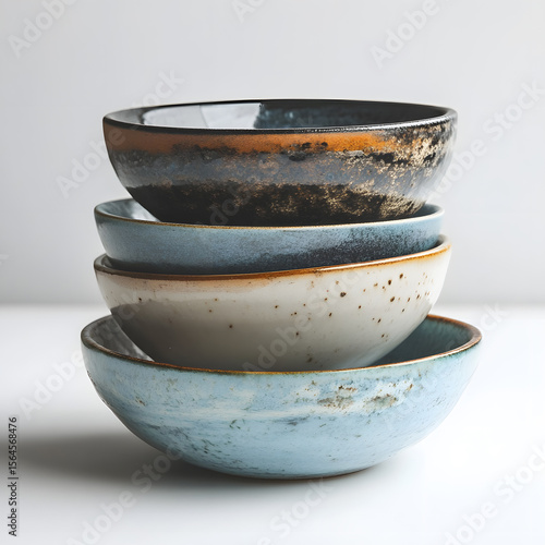 Stacked ceramic bowls with rustic textures and earthy tones create cozy, artisanal feel. Perfect for various uses
