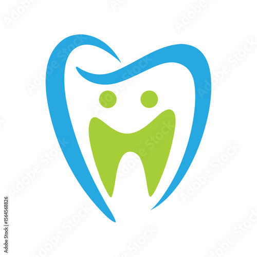 Cheerful tooth logo with blue outline and green smile dental happy