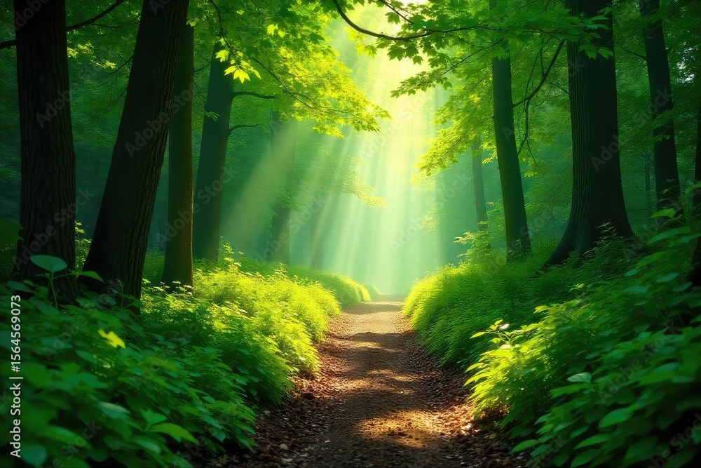 Fototapeta premium Sun-Dappled Forest Trail Magical Mystical Atmosphere, Lush Green Foliage, Perfect for Adventure and Fantasy Stock Photo
