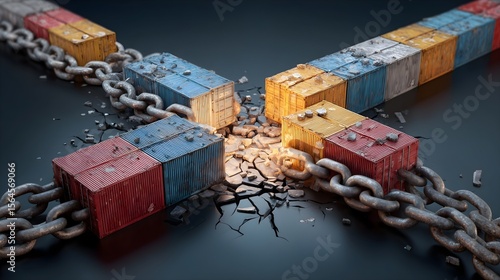 Broken Supply Chain illustrated by disconnected shipping containers and cut links. Concept of disruption and crisis.
