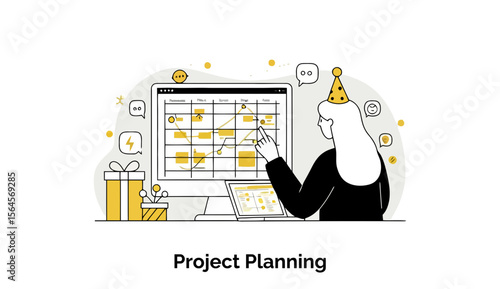 Female professional in business attire reviewing project planning software at home office. Woman pointing at a complex project schedule on a computer screen with associated planning elements.