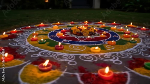 Diwali candles brighten the colorful rangoli
