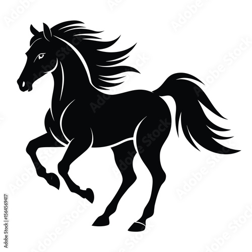 Dynamic black silhouette of a galloping horse with a flowing mane and tail isolated on transparent background silhouette