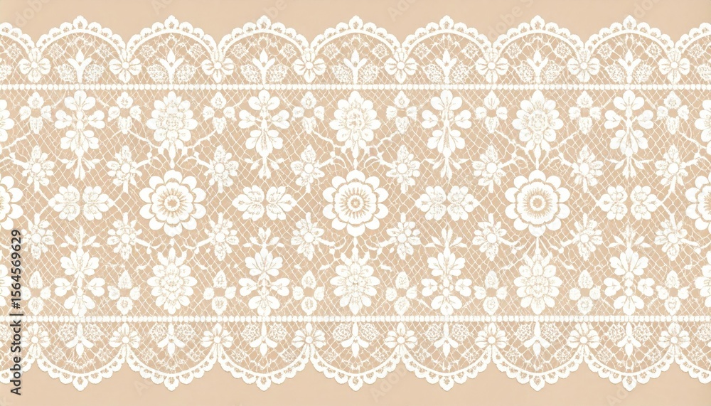 Intricate White Lace Border On Beige Background With Detailed Floral Pattern and Decorative Elements Intricate White Lace Border On Beige Background With Detailed Floral Pattern and Decorative Elements