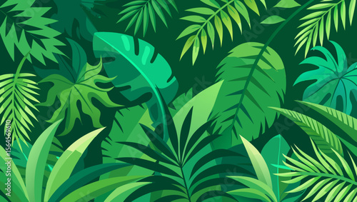 Vibrant green tropical jungle foliage with lush leaves and botanical patterns