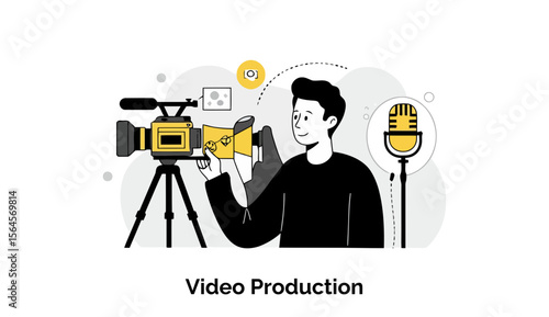 A male video production professional adjusts a camera on a tripod, focusing on the audio and video recording process in a studio.