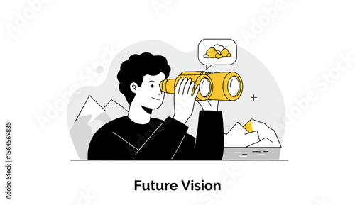 Young adult male in casual wear looking through binoculars at a distant view with mountains in the background. Forward-thinking individual with a hopeful expression exploring future opportunities.