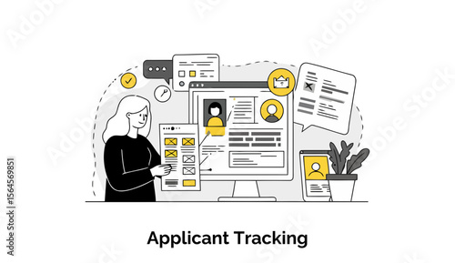 Female applicant reviewing application materials on computer in modern office setting. Woman examines applicant profiles for job recruitment at a workplace.