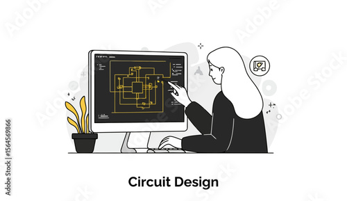Female engineer in business attire reviewing circuit design on a computer monitor in an office setting. Focused professional examining complex electronic schematic with keyboard input.