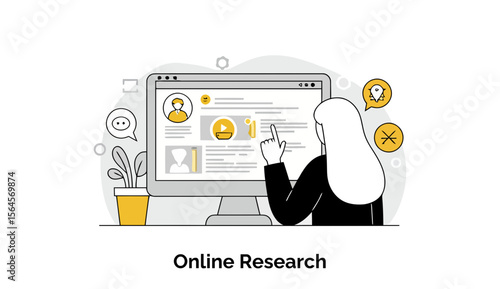 A young woman in business attire conducts online research at a computer, examining information on a webpage. Female professional in casual home office setting engaged in online research.