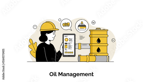 A female oil management professional in safety gear is using a rugged digital tablet to monitor levels and data from large oil tanks in an industrial refinery setting.