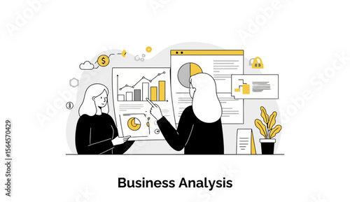 Female business analysts in professional attire reviewing data visualizations in a modern office setting. Two women collaborating on business analysis in a professional office environment.