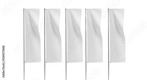 Five White Flags On Poles With Flowing Fabric Detail against Isolated Transparent Background