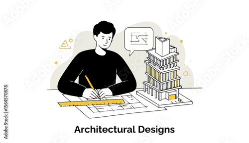 Young adult male architect working on architectural plans and a model of a high-rise building in a modern office setting. Focused intently on blueprints and design model.