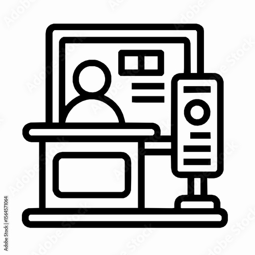 Illustration of a reception desk with a person and sign for business and services