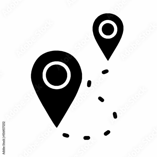 Black and white vector illustration of two location markers connected by a dotted path