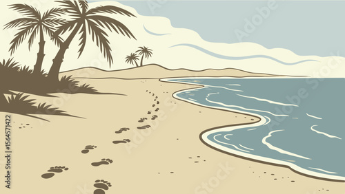 Illustration of a tropical beach with palm trees, footprints in the sand, and gentle waves lapping ashore
