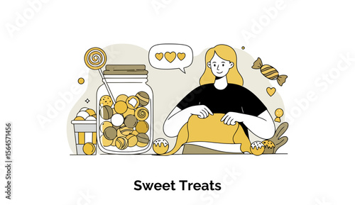 Young woman surrounded by sweets in a shop setting. She displays sweets and pastries with a joyful expression. Female shop owner with sweet treats in a candy shop -