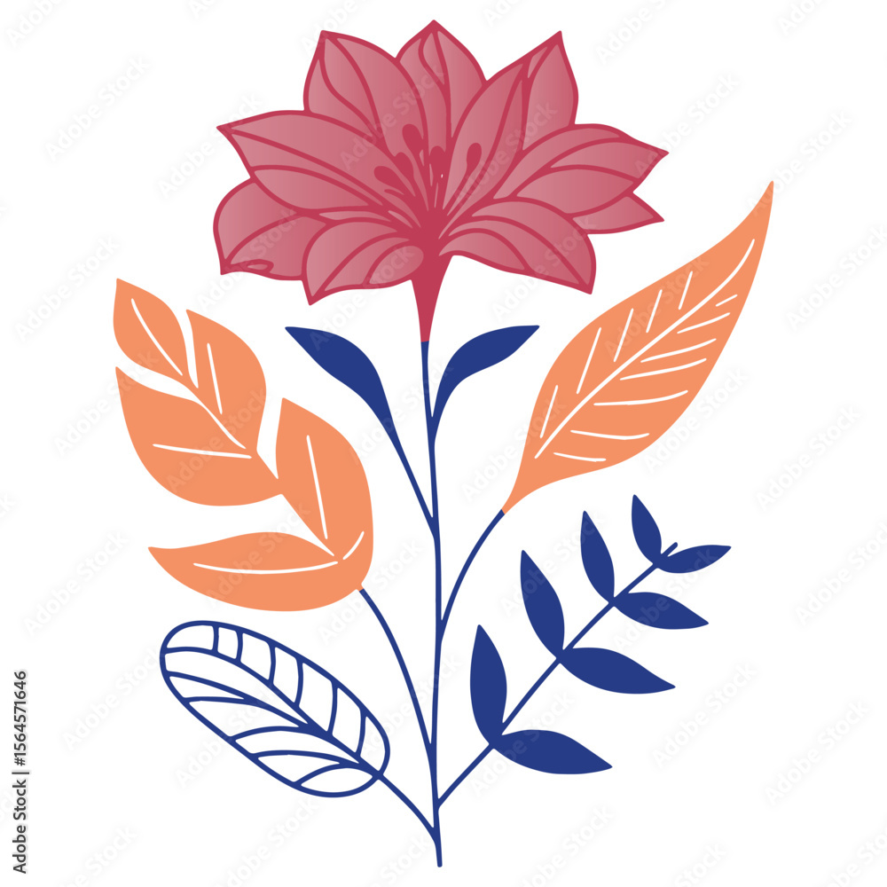 Fototapeta premium soft garden flower illustration with minimal sketch leaves for trendy textile design and summer interiors