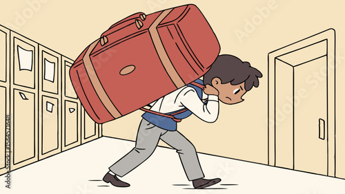 Illustration of a student carrying a very large duffel bag through a school hallway with lockers nearby