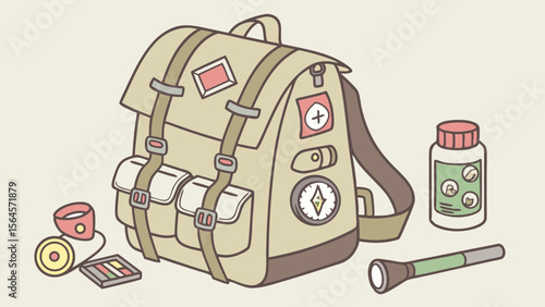 Illustration of a beige backpack with camping equipment including a flashlight and first aid kit