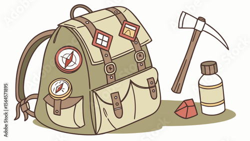Illustration of a khaki colored backpack with compasses and badges next to a pickaxe and a bottle