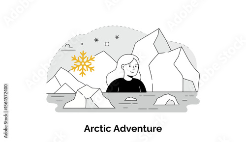 A young woman in casual attire stands in the arctic, admiring the icy landscape. Arctic explorer experiencing a serene moment amidst the icebergs. Female adventurer in the Arctic.