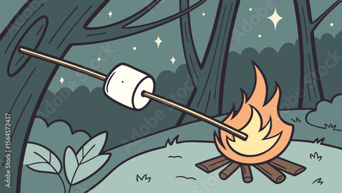 Marshmallow on a stick being roasted over a campfire in a forest with stars in the night sky scene