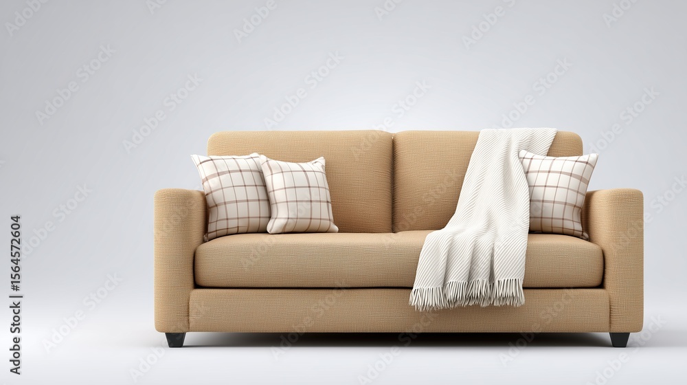 Fototapeta premium Cozy patterned sofa with decorative pillows and a blanket.