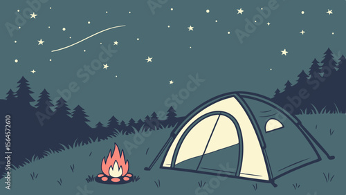 Illustration of a camping scene with a tent campfire stars and trees under a night sky with shooting star
