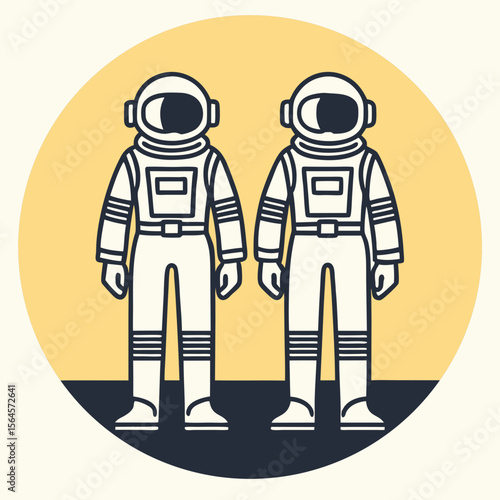 Two astronauts in suits icon with moon background