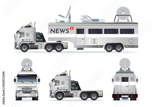 Caravan broadcast office semi truck car satellite transmission broadcasting vehicle vector set illustration