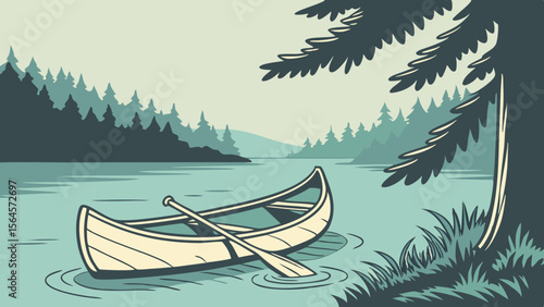 A serene lake scene featuring a canoe with paddle trees and distant forest landscape under a calm sky