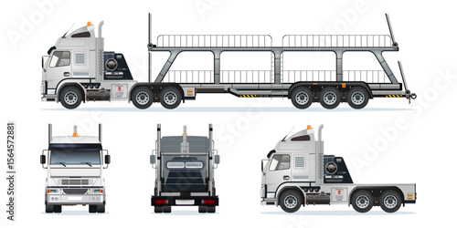 Car carrier trailer, big rig car hauler semi trailer truck transporting cars on two levels vehicle from various angles vector set illustration