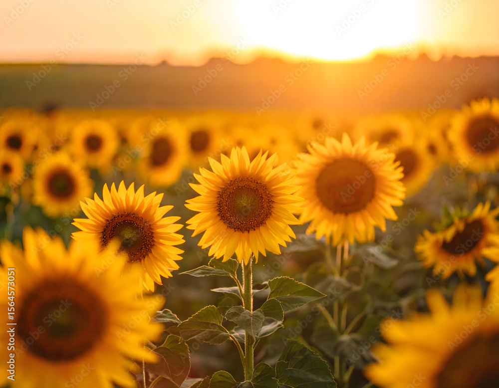 Fototapeta premium A vibrant field of sunflowers in full bloom, bathed in the warm glow of the setting sun.