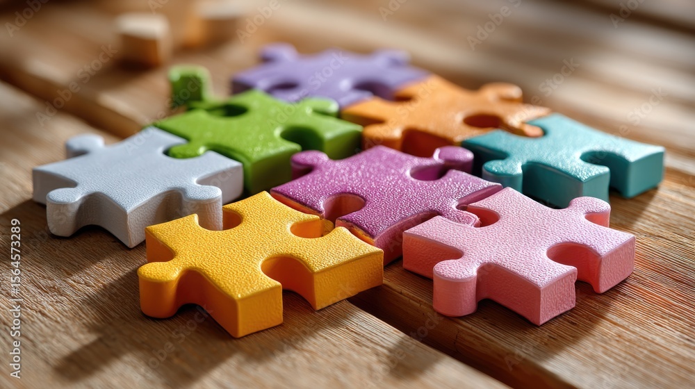 Fototapeta premium A close-up view of interconnected puzzle pieces, each in a different vibrant color