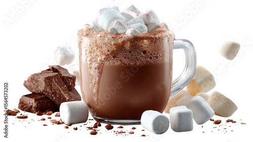 Illustration of hot chocolate with marshmallows isolated on transparent background