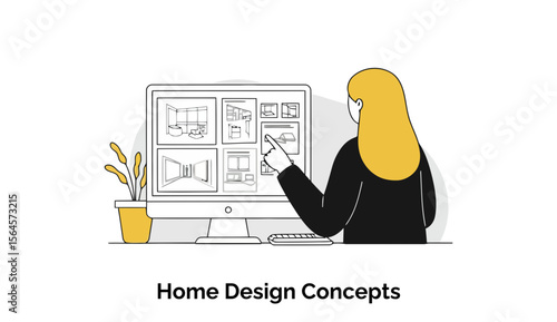 Female interior designer reviewing home design concepts on a computer screen in a modern office setting. Woman in black attire examining multiple interior design options displayed on a monitor.