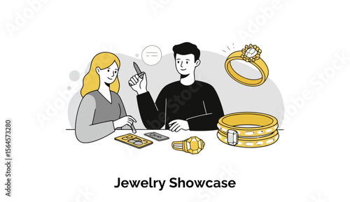 A jewelry showcase featuring a female customer and a male jeweler, demonstrating a variety of rings in a store setting.