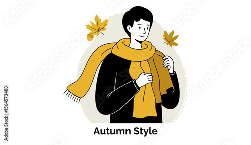 Young man wearing an autumnal yellow scarf and a black jacket, adjusting the scarf in an outdoor setting with autumn leaves. Casual male fashion model in an autumnal park -