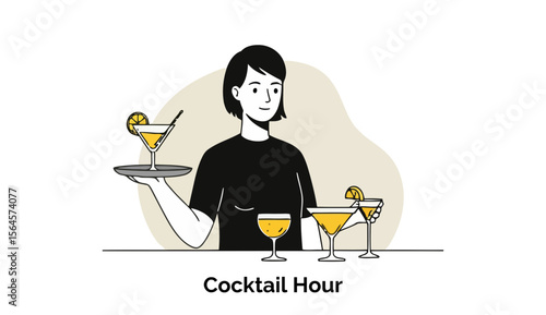 Young woman bar tender serving cocktails at a bar. Smiling woman in black top presenting drinks on a tray, with multiple glasses of cocktails in the background.