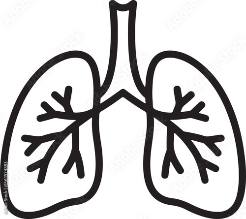 Black and white line drawing of human lungs with branching airways respiratory system anatomy